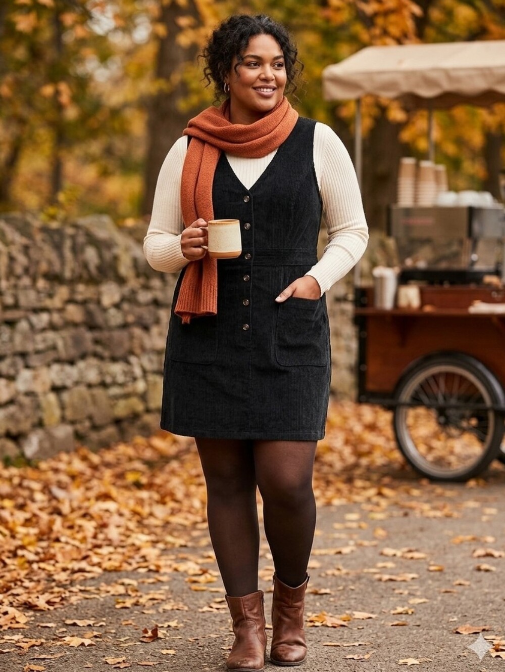 Black Corduroy Button-Front Pinafore jumper Dress